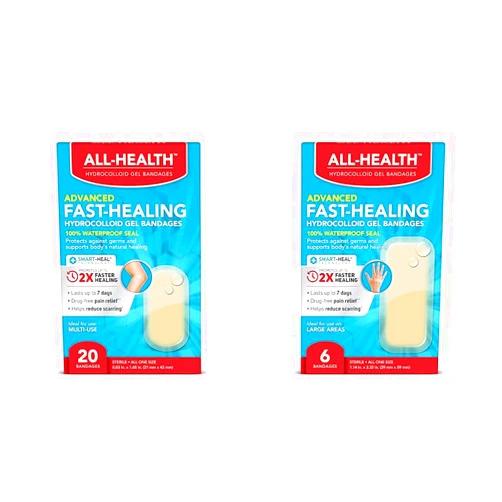 All Health Advanced Fast Healing Hydrocolloid Gel Bandages & Advanced Fast Healing Hydrocolloid Gel Bandages, Large, 6 ct | 2X Faster Healing for First Aid Blisters or Wound Care