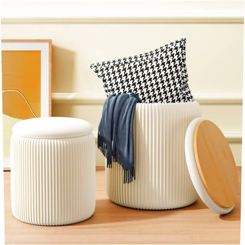 Recximi Round Ottoman with Storage Set of 2, White Vanity Stool, Upholstered Velvet Storage Ottomans, Makeup Chair Seat for Bedroom, Small Pouf Footstool for Living Room