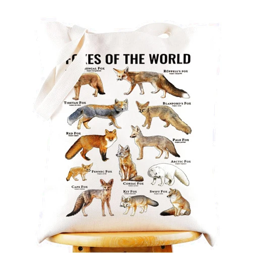 WZMPA Funny Fox Tote Bag Fox Lover Gift Foxes Of The World Reusable Grocery Bag Fox Species Merchandise