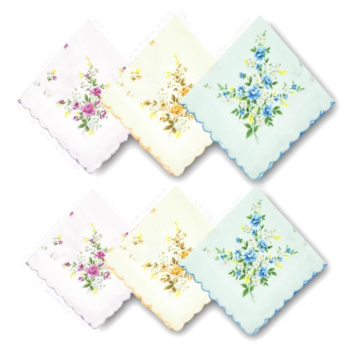 GB Collection GB Women's 100% Cotton Handkerchiefs Assorted with Wavy Edge and Print Floral 6 Pieces 01