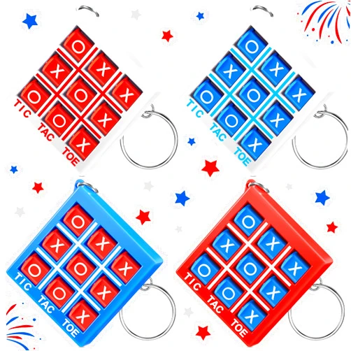 Hicarer 32 Pcs Tic Tac Toe Keychain for Kids Ages 8-12 Party Favors Plastic Keyholders for Mini Backpack Clip Birthday Party (Red White Blue)