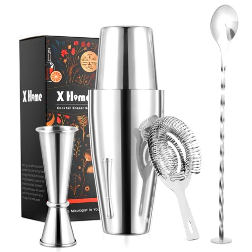 X Home Cocktail Shaker Set, Professional 4-Piece Bartender Kit with Boston Shaker, Hawthorne Strainer, Double Measuring Cocktail Jigger, and 10-inch Mixing Spoon, Bartender's Choice