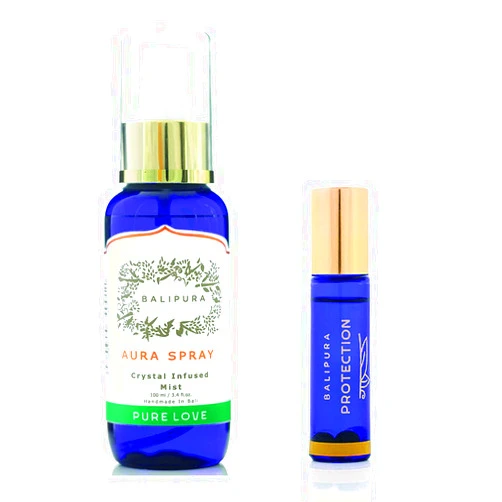BALIPURA Aura Spray (Pure Love) & Roll On (Protection) - Essential Oil Blends with Crytals for Protection from Negative Energy and Harmonizes Love, Pack of 2(3.74 floz)