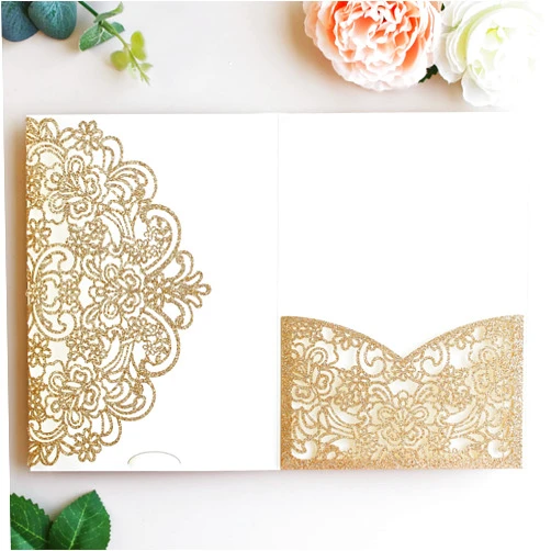 Hosmsua 50PCS Gold Glitter Laser Cut Lace Flora Invitation Pocket, 5.12 x 7.2 Laser Cut Wedding Invitation Pockets with Envelopes for Wedding Bridal Shower Engagement Invite (No Inner Sheet)