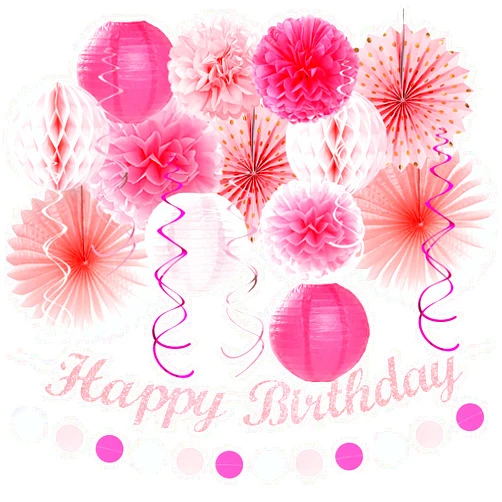 Huglony Light Hot Pink Birthday Party-Decorations - 21pcs Girl Happy Banner,Paper Lanterns Honeycomb,Tissue Pom Poms Flower Fan,Hanging Streamers Garland,18th 21st 30th Women Birthday Decor Supplies Huglony