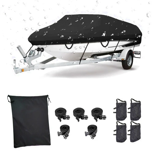 JZAHYUK Boat Cover 17-19ft, Waterproof Trailerable Boat Cover, Heavy Duty UV Resistant Marine Grade Polyester Canvas, Fits 17-19ft V-Hull, Tri-Hull, Fishing Runabout Boat with Tightening Strap