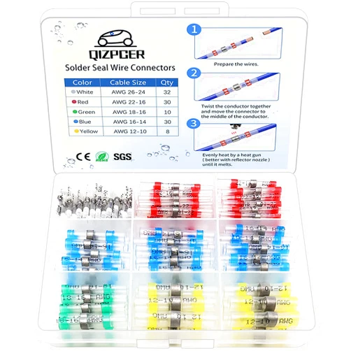 Qizpcer 110 Pcs Heat Shrink Wire Connectors, Solder Seal Butt Connectors Kit Waterproof Marine Electrical Splice Terminals