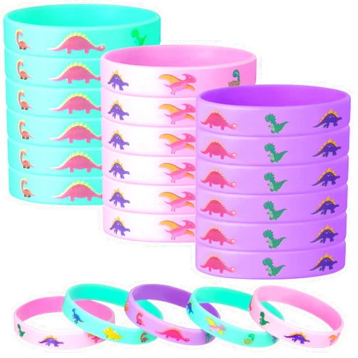 Chivao 30 Pack Dinosaur Party Favors Pink Dinosaurs Silicone Wristbands Rubber Bracelets for Girl Birthday Party Supplies Gifts Bag Stuffer 3 Colors