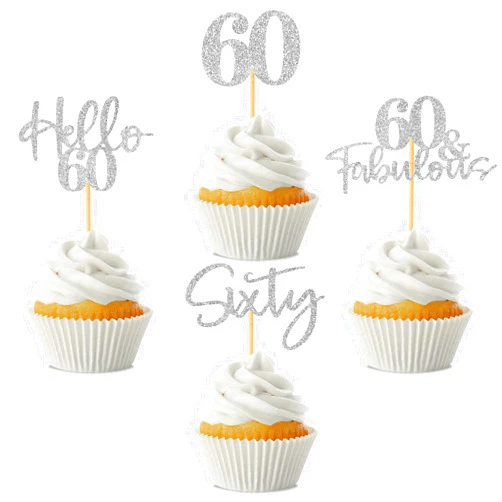 Hengmerry 48Pcs 60th Birthday Cupcake Toppers Glitter Hello 60 Cupcake Topper 60 Fabulous Sixty Cupcake Picks for Happy 60th Birthday Wedding Anniversary Party Cake Decorations Supplies, Silver