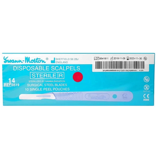 Swann-Morton® #14 Sterile Disposable Scalpels with Blade [Individually Packed, Box of 10]