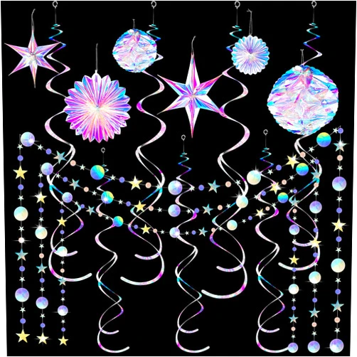 Ganory 29 Pieces Iridescent Holographic Party Supplies Kit with Hanging Honeycomb Ball Decorative Paper Fan Snowflake Garlands White Star Hanging Swirl Decorations for Birthday Wedding Party Home