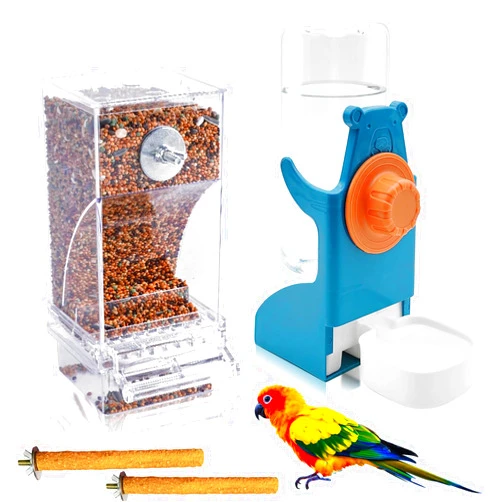 VCEPJH No Mess Bird Feeder with Water Dispenser, Automatic Parrot Feeder Drinker Parakeet Seed Dispenser Food Container with Cage Perch for Lovebirds Conures Budgies Canary Finch (4Pcs)