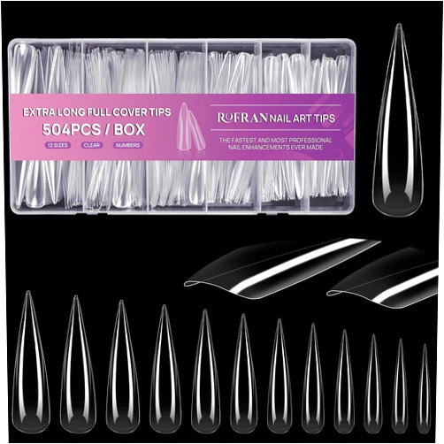 Rofran 504 Pcs Xxl Stiletto Nail Tips For Acrylic Nails Long Clear False Nails Tips Half Cover Tapered Nail Extension Nail Art Home Diy Nail Salon 12 Sizes