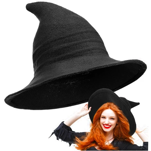 Boyiee Knitted Witch Hat Foldable Wide Brim Cap Pointed Felt Hat for Women Halloween Cosplay Costume Masquerade Accessory