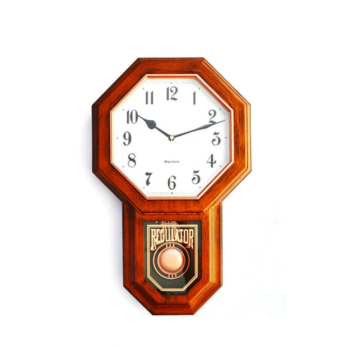 WazStone Classic Antique Mini Pendulum Wall Clock, Wood Simulated Vintage Bronze Texture, Non Ticking Silent Sweep Quartz Movement, Width 11.4”, Length 18.5”, Retro Rustic Country Style, Plastic Frame