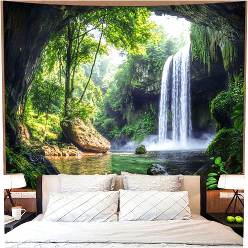 kampdream Landscape Tapestry, Scenery Art Wall Tapestries, Nature Wall Decor for Bedroom Living Room Backdrop Cave Waterfall 36×48 inches