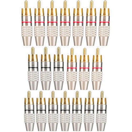 Elechood 20Pack RCA Male Plug Solder, Gold Audio Video Cable Adapter Connector for Speaker Wire Wall Plate Home Theater Audio Video Receiver Amplifiers and Sound Systems