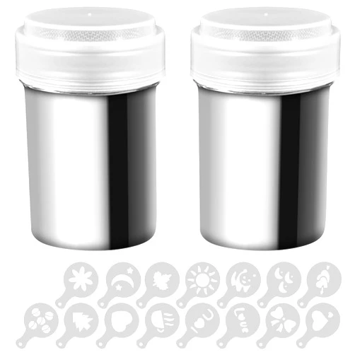 SENHAI 2 Stainless Steel Powder Shakers, SENHAI Mesh Shaker Powder Cans for Coffee Cocoa Cinnamon Powder with Lid, with 16 pcs Printing Molds Stencils