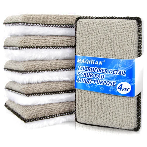 MAQIHAN Microfiber Pad - 4PCS Microfiber Pads Detailing Sponge Two Sides of Microfiber Cloth and Nylon Bristle Brush Car Interior Detailing Kit for Leather Sofa Shoes and Bags Car Wash Kit