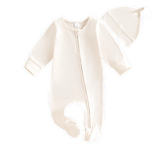 BULINGNA Newborn Baby Girls Boys Footies Jumpsuit Solid Color Knit Ribbed Zip Up One Piece Romper with Hat Set