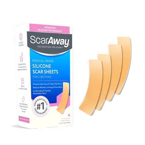 ScarAway Advanced Silicone Scar Sheets for C-Section, Reusable Sheets (1.5” x 7”) for Hypertrophic and Keloid Scars from C-Section & Other Surgeries, 4 Sheets