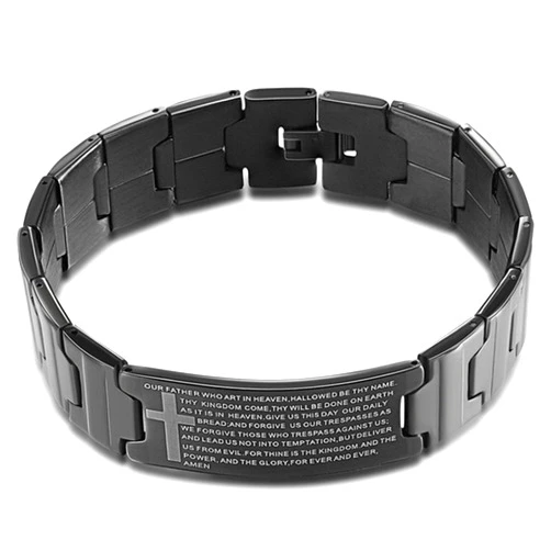 Bestdays Men's Vintage Stainless Steel Black Cross Silver English Bible Lords Prayer Religious Link Wrist Bracelet