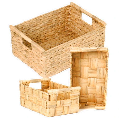 VATIMA Handwoven Water Hyacinth Storage Basket Collection - Extra Large Rectangular Baskets with Wooden Handles for Organizing, Natural Wicker Basket Sets, Perfect for Shelves
