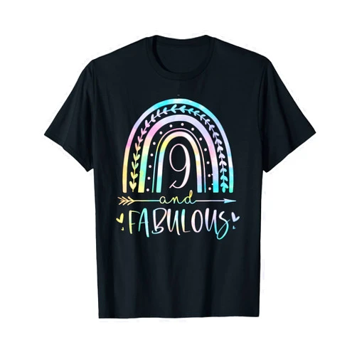 9th Birthday Girl Gift Ideas Ninth BDay 9 and Fabulous Rainbow Nine Year Old Girls BDay Tie Dye T-Shirt