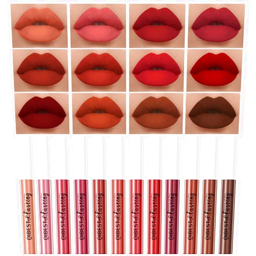 QiBest 12Pcs Velvet Matte Liquid Lipstick Makeup Sets for Women & Teens Gift, Waterproof Long Wear 24 Hours Nudes Burgundy Red Brown Lip Stain Kits, Non-Stick Cup Mate 24 Horas Lip Gloss Holiday Set