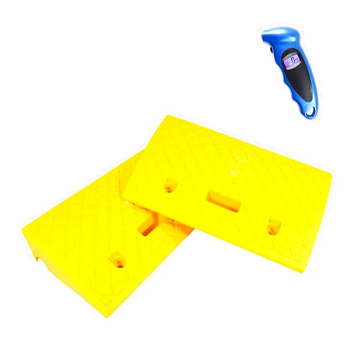 Five Leaf Clover Lightweight & Portable Yellow Plastic Curb Ramps for Driveway & Sidewalks - Set of Two (2) Yellow Curb Ramps with Bonus Tire Gauge by Premium Products