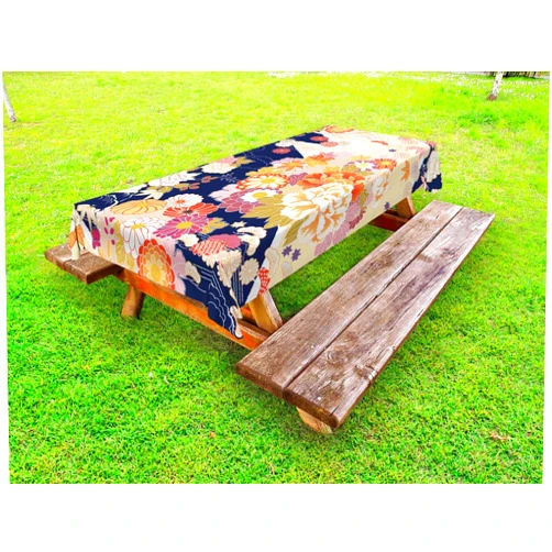 Ambesonne Japanese Outdoor Tablecloth, Traditional Kimono Motifs Composition Floral Patterns Vintage Artwork, Decorative Washable Picnic Table Cloth, 58