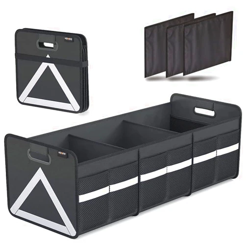 Homeve Large Collapsible Trunk Organizer with Multi Pockets, 3 Compartments Storage Organizer for Car, SUV, Minivan, Reinforced Handles, Foldable and Waterproof (Black, 3 Compart-Large)…