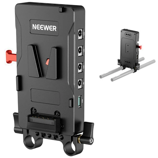 Neewer V Mount Battery Plate with 15mm Rod Clamp, Power Supply Splitter PD 60W Type C&D Tap/DC15V Port, Compatible with Fxlion Sony V Lock Battery, Compatible with SmallRig Video Rig, VB-A1