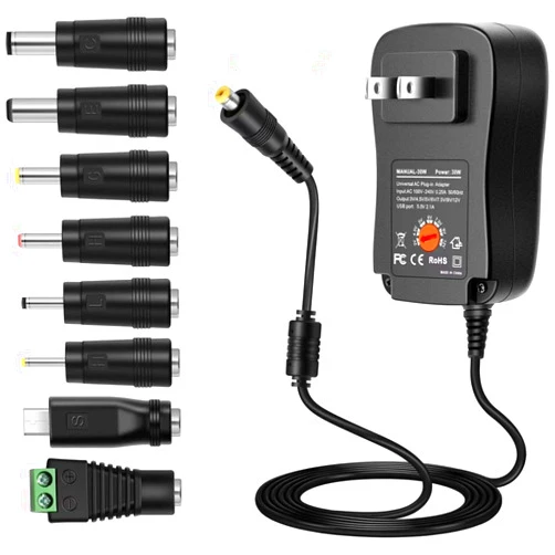 Dgsroom 30W Universal AC/DC Adapter Switching Power Supply with 8 Selectable Adapter Tips, for 3V to 12V Household Electronics and LED Strip - 2000mA Max