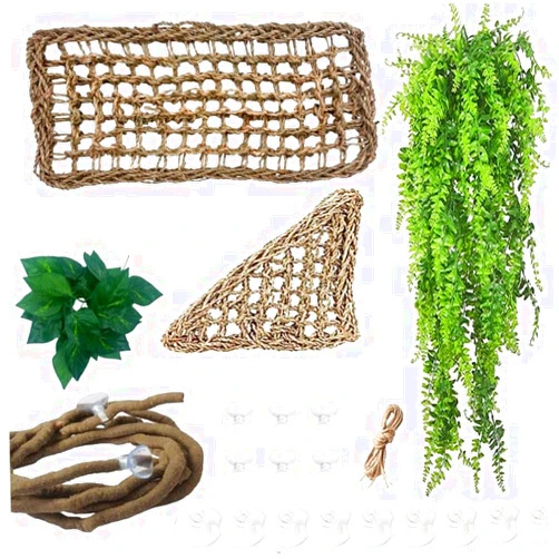 MUYG Bearded Dragon Hammock,Reptile Lounger Lizard Natural Seagrass Habitat Decor Reptiles Tank Hanging Plants Jungle Climber Vines Flexible Leaves Accessories for Lizards Chameleon Gecko Corn Snakes
