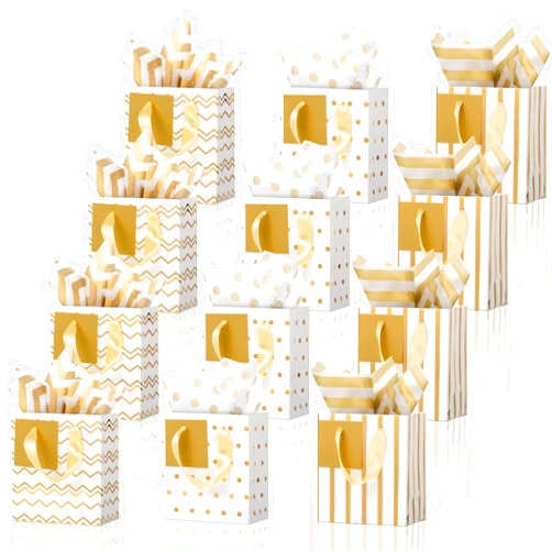 Tenare 12 Pcs Small Gift Bags Mini Metallic Paper Bag with Handle Tissue Happy New Year Valentine Party Favor(9 x 4 x 7 Inch,White Gold)