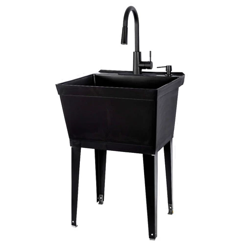 VETTA Black Utility Sink with High Arc Black Faucet by VETTA by JS Jackson Supplies, Pull Down Sprayer Spout, Heavy Duty Slop Sink for Washing Room, Basement, Shop, Free Standing Laundry Tub Deep Plastic