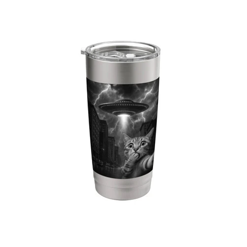Cat Lovers Equipment and Cat Apparel for him Cat Selfie with UFO Funny Cat Owner Stainless Steel Insulated Tumbler
