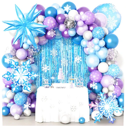 Amandir 162PCS Snow Birthday Party Supplies, Snow Balloon Garland Arch Kit Fringe Curtain Blue Purple Snowflake Confetti Balloons Princess Winter Wonderland Girl Baby Party Decorations