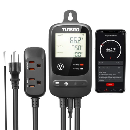 TURBRO Smart Temperature Controller Heating Cooling, WiFi-Enabled Thermostat with Timer and Temperature Monitoring for Home Brewing, Seedling, Greenhouse, and Reptile Terrarium, TC01