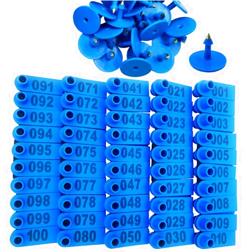 GMXZX 100PCS 001-100 Number Plastic Livestock Ear Tags Farm Animal Tags ID Tags Pink Green Blue Ear Tagger for Cow Cattle Sheep Goats Pigs Hogs Mark Label (Blue)