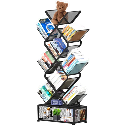 Onadak 9 Tier Tree Bookshelf,Small Bookcase with Storage Cabinet, Modern Tall Narrow Folding Metal Bookcase，Floor Standing Book Shelf for Bedroom/Living Room/Home Office/Corner,Black