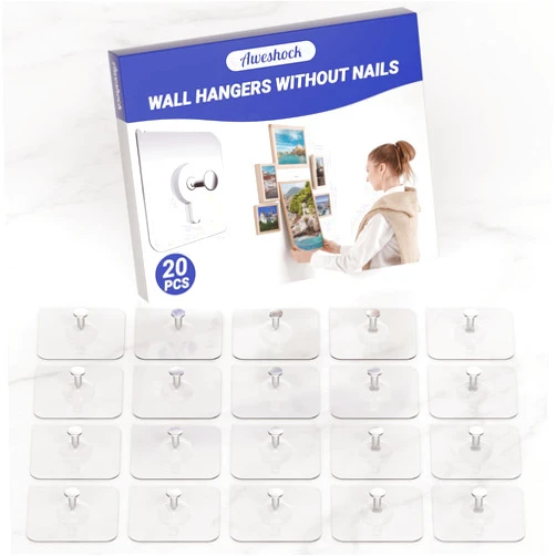 Aweshock Picture Hangers Without Nails, Nail Free Wall Hangers,20 Counts Adhesive Wall Hooks for Hanging with Waterproof and Oilproof,13 lbs Load Max
