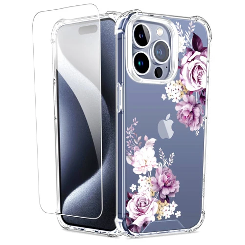 Ciciber Compatible with iPhone 15 Pro Max Case Floral Pattern for Women Girly with Screen Protector, Clear with Cute Flower Design Shockproof Protective Phone Case for iPhone 15 Pro Max 6.7 inch
