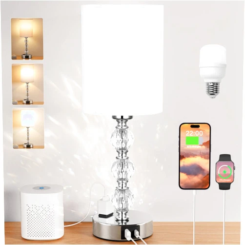 Acaxin Touch Bedside Crystal Lamps for Bedrooms Nightstand with USB C+A Charging Port and AC Outlet White, 3 Way Dimmable Silver Small End Side Table Lamp for Living/Guest/Dinning Room/Kitchen