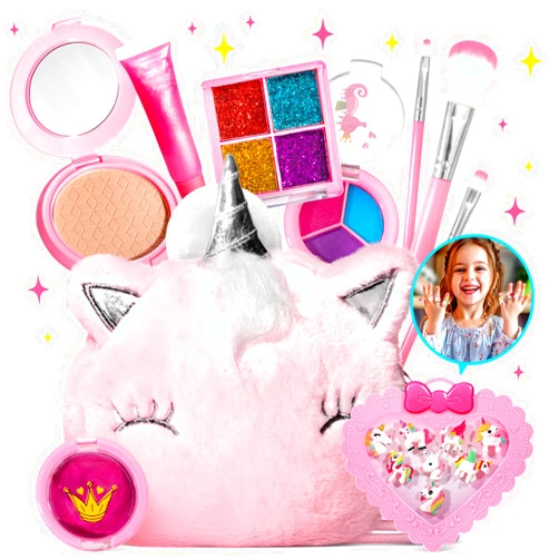 ULOVEME Kids Real Makeup Kit for Little Girls - Real, Non Toxic, Washable Make Up Toy - Umicorn Toys Gift for 3 4 5 6 7 8 9 10 12 Years Old Girls Birthday (Pink Umicorn + Rings 1)