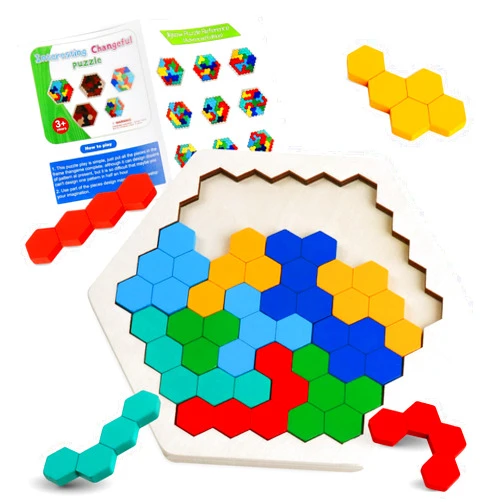 Skrtuan Wooden Blocks Puzzle for Kid Adults Brain Teaser Hexagon Puzzles Games Toy Shape Pattern Block Tangram Geometry Logic IQ STEM Montessori Educational Gift for All Ages Boys Girls Challenge