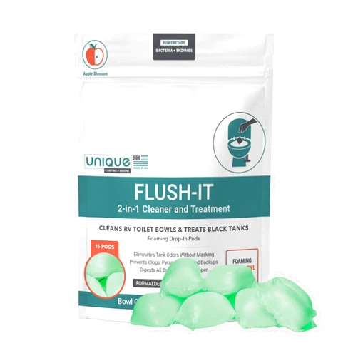 Unique Flush-It 2-in-1 RV Black Tank Treatment and Toilet Bowl Cleaner Drop In Pods, Full Black Tank Treatment, Cleans RV Toilets, Liquifies Waste, Prevents Clogs, 15 Foaming Enzyme Pods