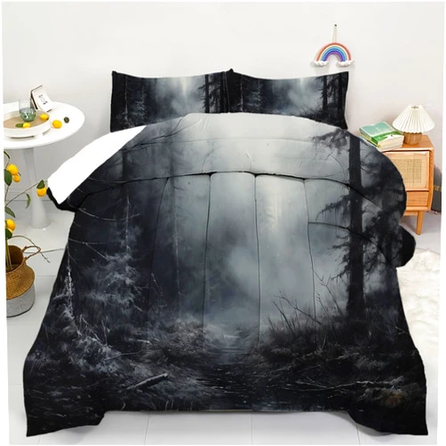 AyPoint Forest Comforter Set Queen, Dark and Gloomy Misty Dark Forest Bedding Set for Women Men, Horror Forest Quilt Set, Misty Dark Forest Down Comforter with 2 Pillowcases(Forest Queen)