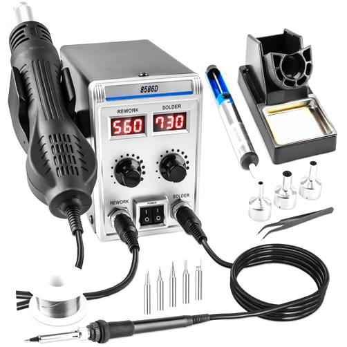 Syizyen 8586D 2 In 1 Soldering Station, SMD Hot Air Rework Station LED Dual Digital Display with Heat Gun and Solder Iron Kit, Electric Soldering Iron Station with Temperature Control, Auto Sleep Functions